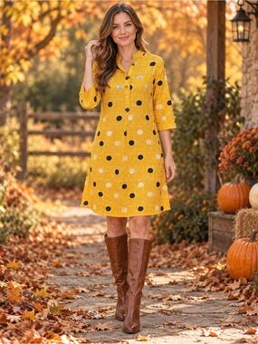 Rangmanch Mustard Yellow Polka Dot Midi Tunic Dress 3/4 Sleeve XS
